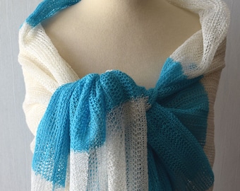Linen Shawl Turquoise Blue White Knitted Natural Summer Beach Wrap Large Scarf