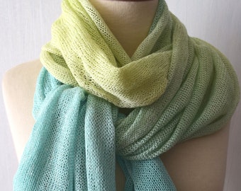 Linen Scarf Shawl Peppermint Green  Yellow  Hand Painted Dyed Abstract Summer  Wrap