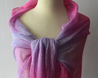 Ombre Linen Shawl Fuchsia Pink Light Pale Violet Knitted Hand dyed Scarf Wrap Natural Women Summer Accessory
