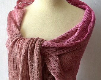 Linen Shawl Ombre Fuchsia Pink Brown Shades Knitted Hand painted Natural Summer Accessory Wrap Woman Flax Scarf