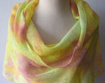 Linen Shawl Poncho Top Lime Green Pink  Yellow Hand Dyed Abstract Women Summer Accessory