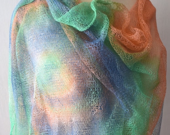 Linen Scarf Shawl Blue Green Orange Knitted Hand dyed Wrap Natural Women Summer Accessory