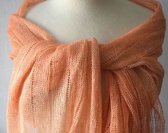 Ombre Linen Scarf Orange Tangerine Spice Shades Knitted Hand dyed Natural Summer Shawl Wrap Natural Flax