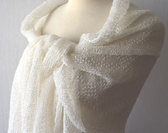 White Linen Wedding Shawl Scarf Knitted Natural Summer Wrap