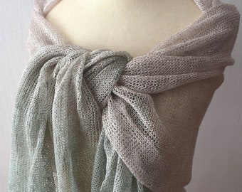 Linen Shawl Ombre  Peppermint Green Light Brown Shades Knitted Hand dyed Natural Summer Accessory Wedding Wrap Woman Scarf Flax