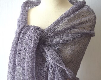 Linen Scarf Knit Shawl  Natural Summer Wrap Violet White Women Accessory Gift for her