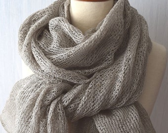 Linen Shawl Grey Knitted Natural  Summer Scarf Wrap for Women