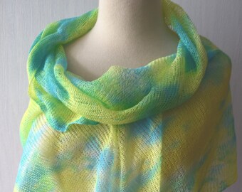 Linen Shawl Poncho Top Lime Green Turquoise Blue Yellow Hand Dyed Abstract Women Summer Accessory