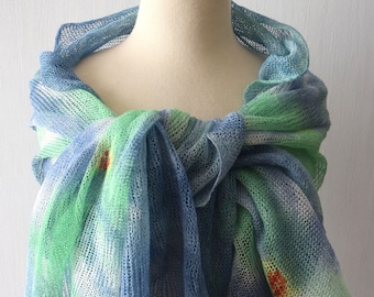 Popular right now, Hand Dyed, Linen Shawl, Wrap, Green, Blue, Yellow, Abstract, floral,  Batik, women, Summer, Scarf