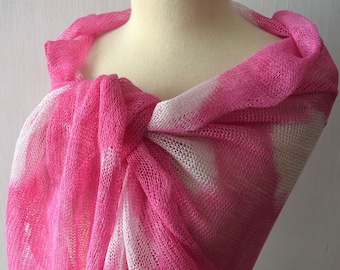 Pink White Linen Scarf Wrap Shawl Knitted Hand dyed Natural Flax Women Summer Accessory