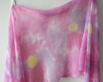 Linen Wrap Scarf Shawl Abstract Floral Lilac Pink White Yellow Batik Hand Dyed Summer Bridal Wedding Accessory