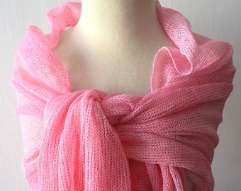 Pink Linen Shawl Knitted Hand dyed Scarf Ombre  Wrap Natural Flax Women Summer Accessory
