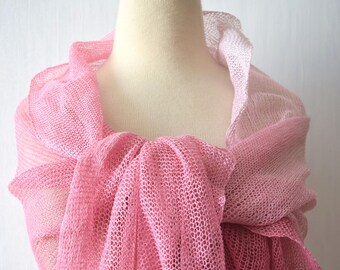 Ombre  Linen Shawl Raspberry Pink Shades Knitted Hand painted Scarf Wrap Natural Flax Women Summer Accessory