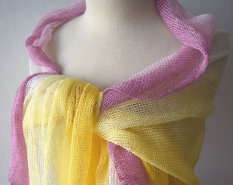 Peony Pink Orchid Yellow White  Linen Shawl Ombre Knitted Hand dyed Scarf Wrap  Women Summer Accessory