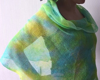 Linen Poncho Shawl Top Lime Green Turquoise Blue Yellow Hand Dyed Abstract Women Summer Accessory