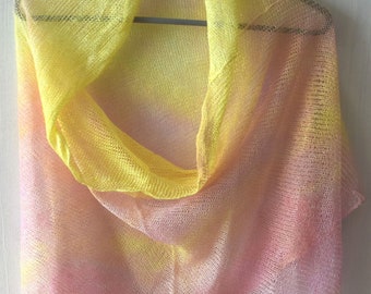 Linen Shawl Poncho Top  Pink  Yellow Orange Hand Dyed Abstract Women Summer Accessory