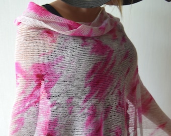 White Fuchsia Pink Linen Shawl Poncho Top Hand Dyed Women Summer Accessory