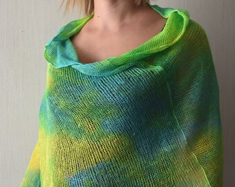 Lime Green Turquoise Blue Yellow Linen Shawl Poncho Top Hand Dyed Abstract Women Summer Accessory