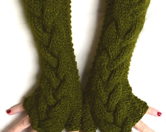 Christmas Gift for Her Fingerless Gloves Green Cabled Winter Arm Warmers