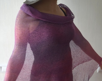 Violet Pink shades Linen Poncho Shawl Top  Hand Dyed Women Summer Accessory