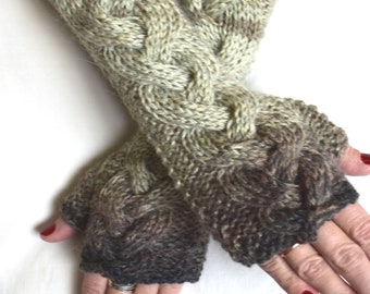 Fingerless Gloves Cabled Brown Beige Shades Arm Warmers Warm Soft Handknit Women Winter Accessory