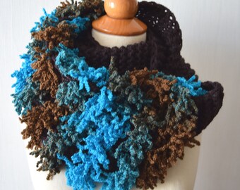 Chunky Scarf Handknitted   Cowl  in Brown Turquoise Teal Variagated  for Men Women Soft Warm