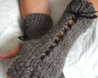 Popular right now Knit Fingerless Gloves Wrist Warmers Taupe/ Greyish Brown Corset  with Suede Ribbons Victorian Style