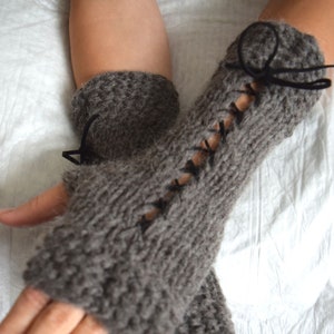 Popular right now Knit Fingerless Gloves Wrist Warmers Taupe/ Greyish Brown Corset with Suede Ribbons Victorian Style image 1