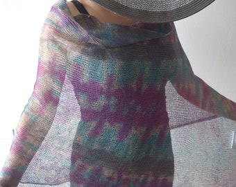 Tie Dye Linen Shawl Poncho Top Gray Brown Green Blue Purple Violet Abstract Women Summer Accessory