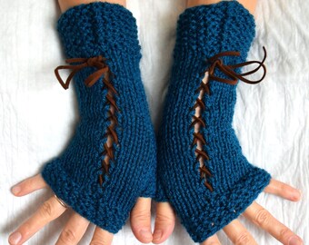 Popular Right Now Fingerless Gloves Corset Wrist Warmers Handknit in Dark Ocean Blue/ Teal Victorian Style