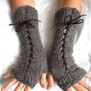 Popular right now Knit Fingerless Gloves Wrist Warmers Taupe/ Greyish Brown Corset with Suede Ribbons Victorian Style image 2