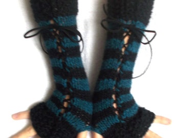 Fingerless Gloves Women Corset  Long Wrist Warmers Black Teal Blue  with Suede Ribbons Victorian Style Hand Knit