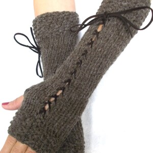 Christmas Gift for Her Knit Fingerless Gloves Long Wrist Warmers Brown Corset Gloves with Suede Ribbons Victorian Style image 4