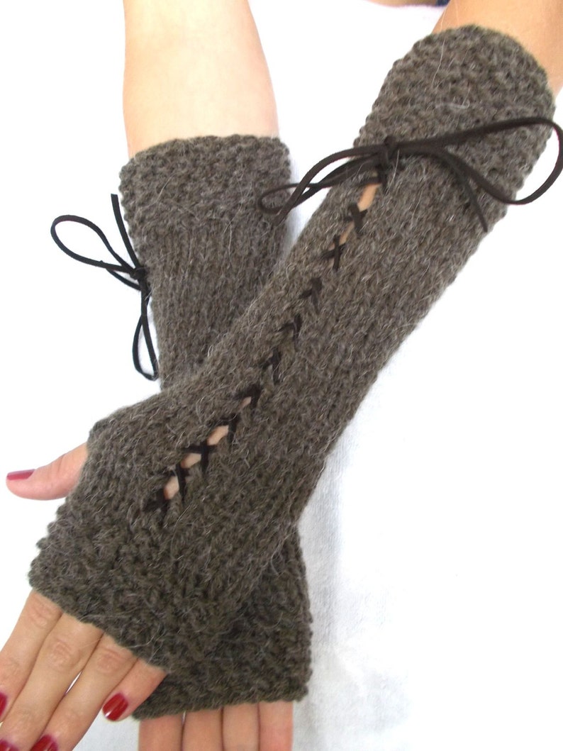 Christmas Gift for Her Knit Fingerless Gloves Long Wrist Warmers Brown Corset Gloves with Suede Ribbons Victorian Style image 4