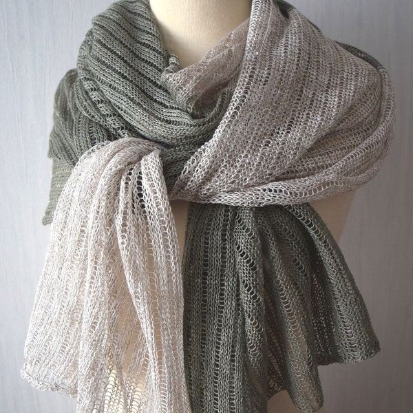 Linen Scarf Natural Grey Khaki Knit Shawl  Natural Summer Wrap for  Women