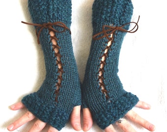 Fingerless Gloves Long Corset Arm Warmers Handknit in Teal Victorian Style Gift for Her
