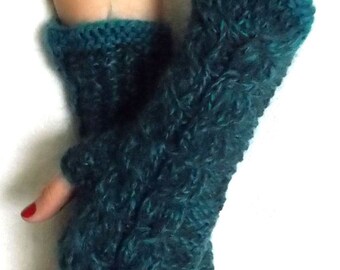 Handknitted chunky Fingerless Gloves Blue Green / Teal Turquoise Warm Cabled  Arm Warmers