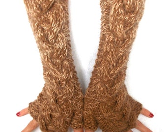 Fingerless Gloves Brown Shades Cabled Warm Arm Warmers Extra Long