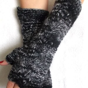 Hand Knit Fingerless Gloves Cabled Arm Warmers in Black White Grey Warm Women Winter Accessory image 3