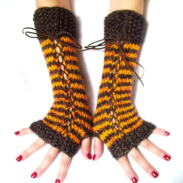 Fingerless Gloves Long Striped Corset Brown Yellow/ Orange with Suede Ribbons, Mohair, Wool