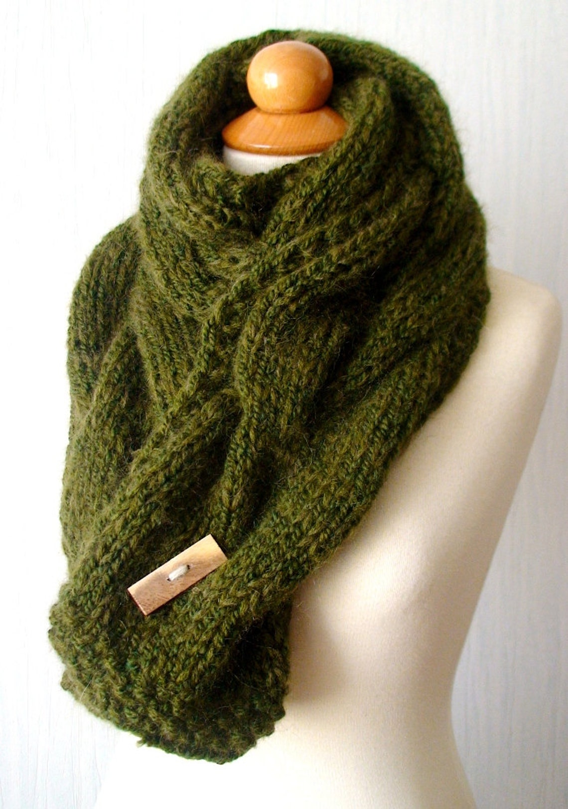 Chunky Winter Scarf Big Cabled Moss Green Cowl Hand Knitted - Etsy