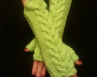 Fingerless Gloves Wrist Warmers Light Green Cabled Soft