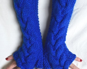 Fingerless Gloves Knit Cabled Arm Warmers Cobalt Blue  Women Winter Accessory