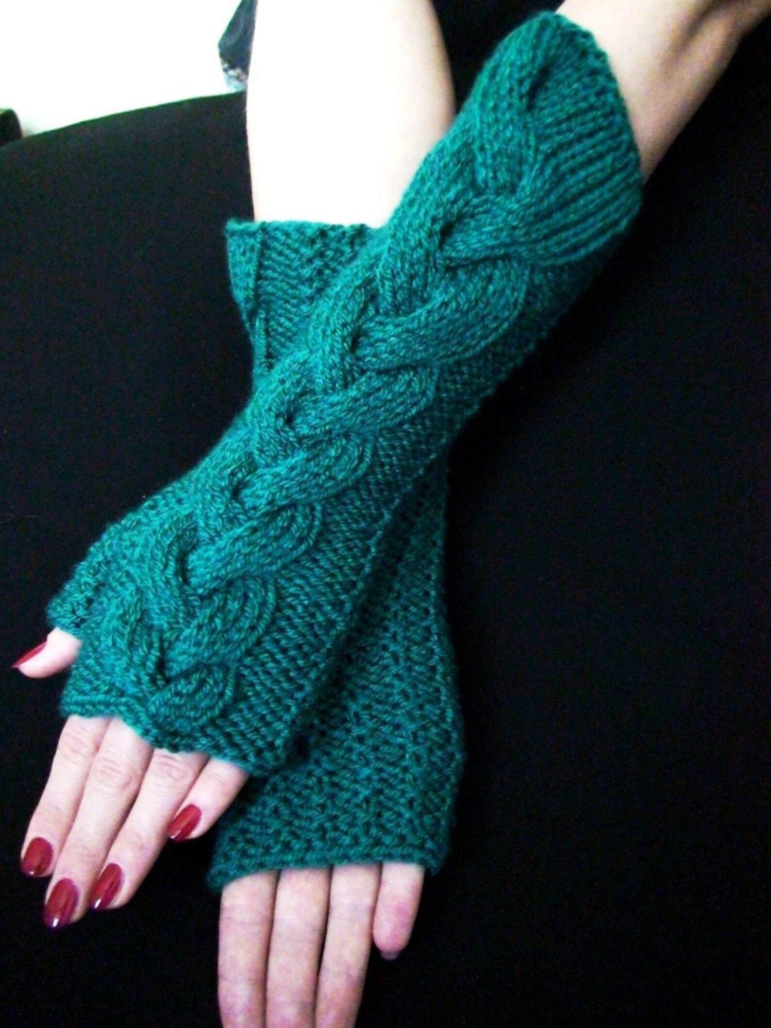 Fingerless Gloves Knit Cabled Sea Green Wrist Warmers Soft Etsy