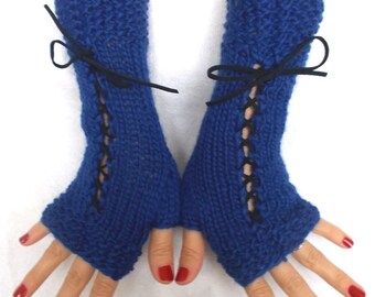 Fingerless Gloves Hand Knit Corset Wrist Warmers in Cobalt Blue