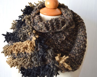 Popular right now Handknitted  Chunky Scarf Cowl  in Brown Mustard Black Women Soft Warm Winter Accessory