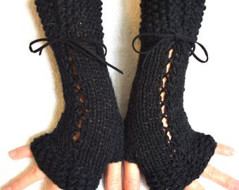 Black Corset Gloves Fingerless  Wrist Warmers for Women Hand Knitted Victorian Style Gift for Her