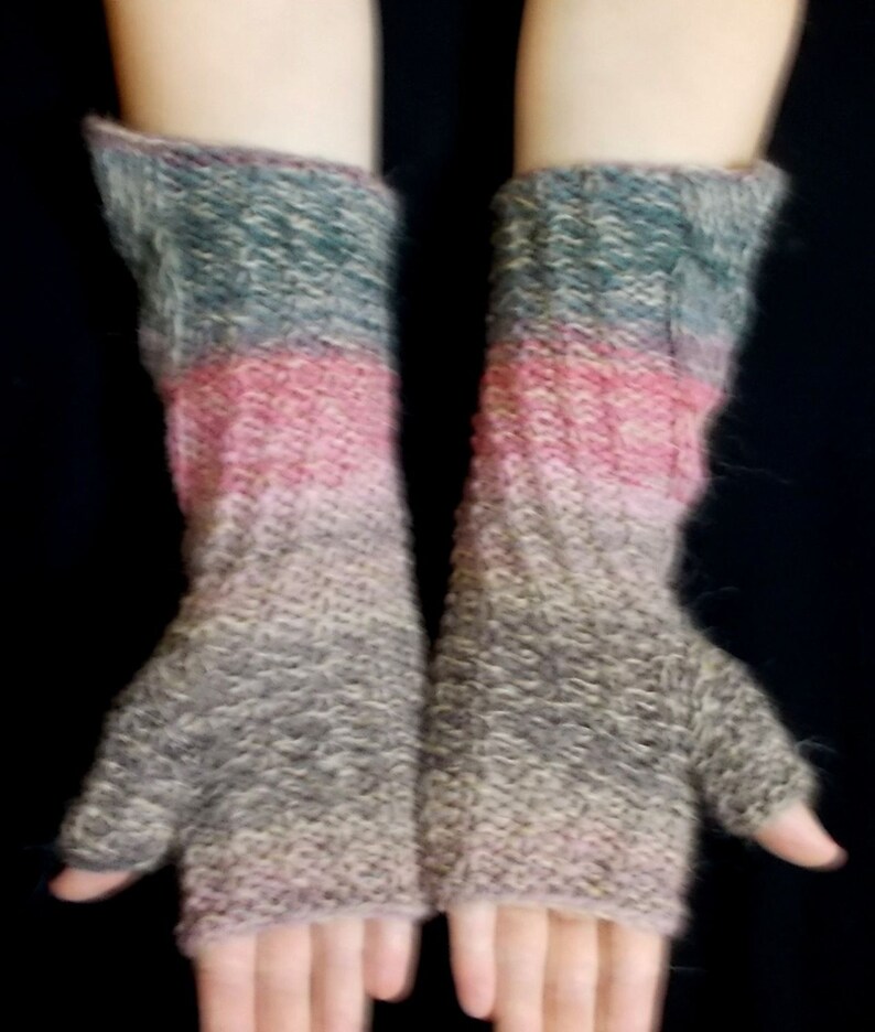 Fingerless Gloves Cabled Warm Arm Warmers Salmon Pink Light Brown Violet Grey Handknitted image 5