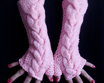 Fingerless Gloves HandKnit Long  Wrist Warmers Light Pink Cabled, Soft and Warm