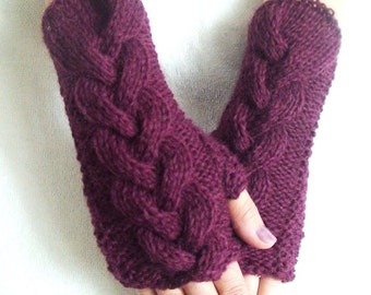 Burgundy Wrist Warmers Fingerless Gloves Cabled Warm and Soft